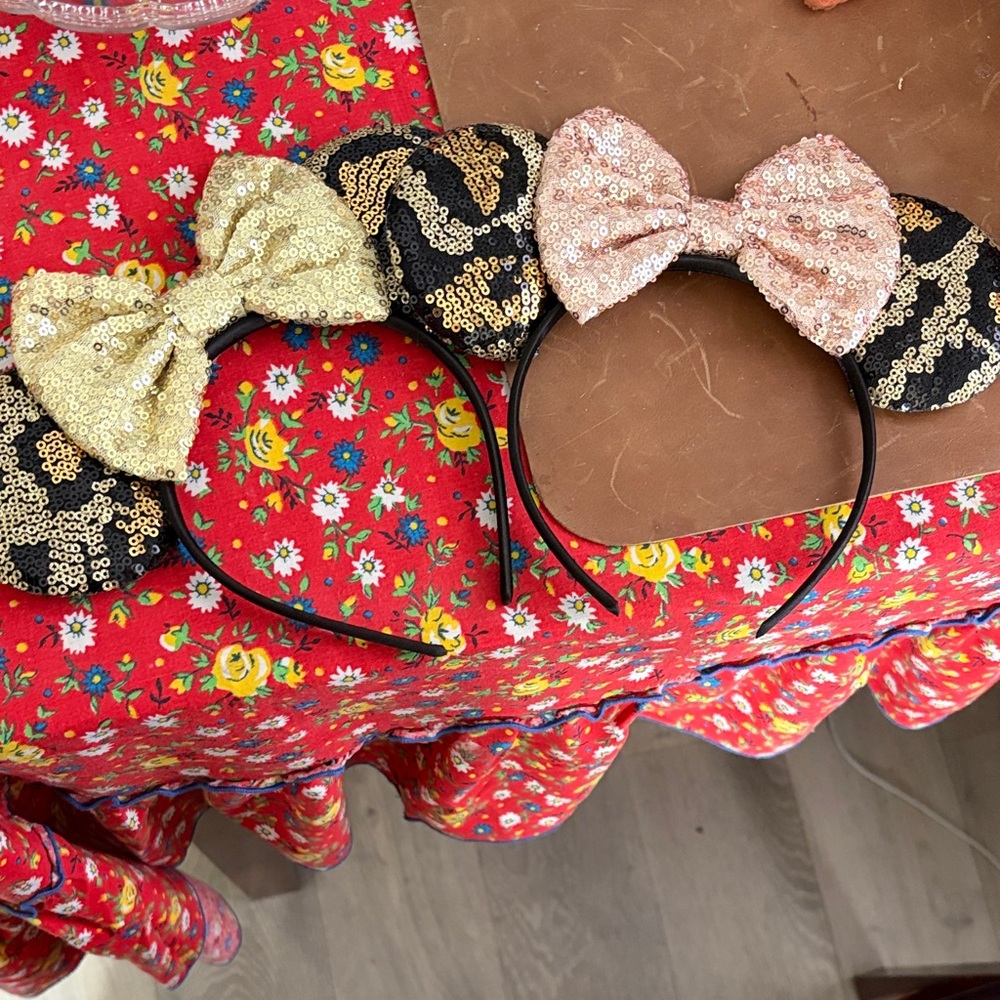 Sequin Bow Minnie Ear Headbands - Gold and Blush